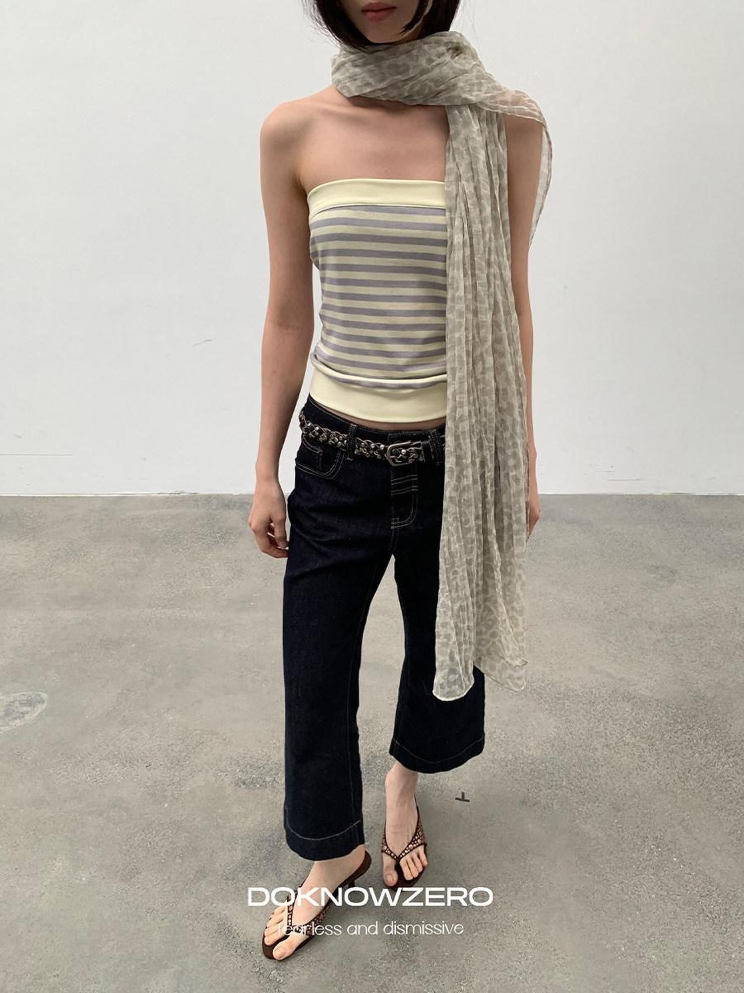DKZ OFFICIAL Yellow Retro Striped Splice Cropped Slim Women&