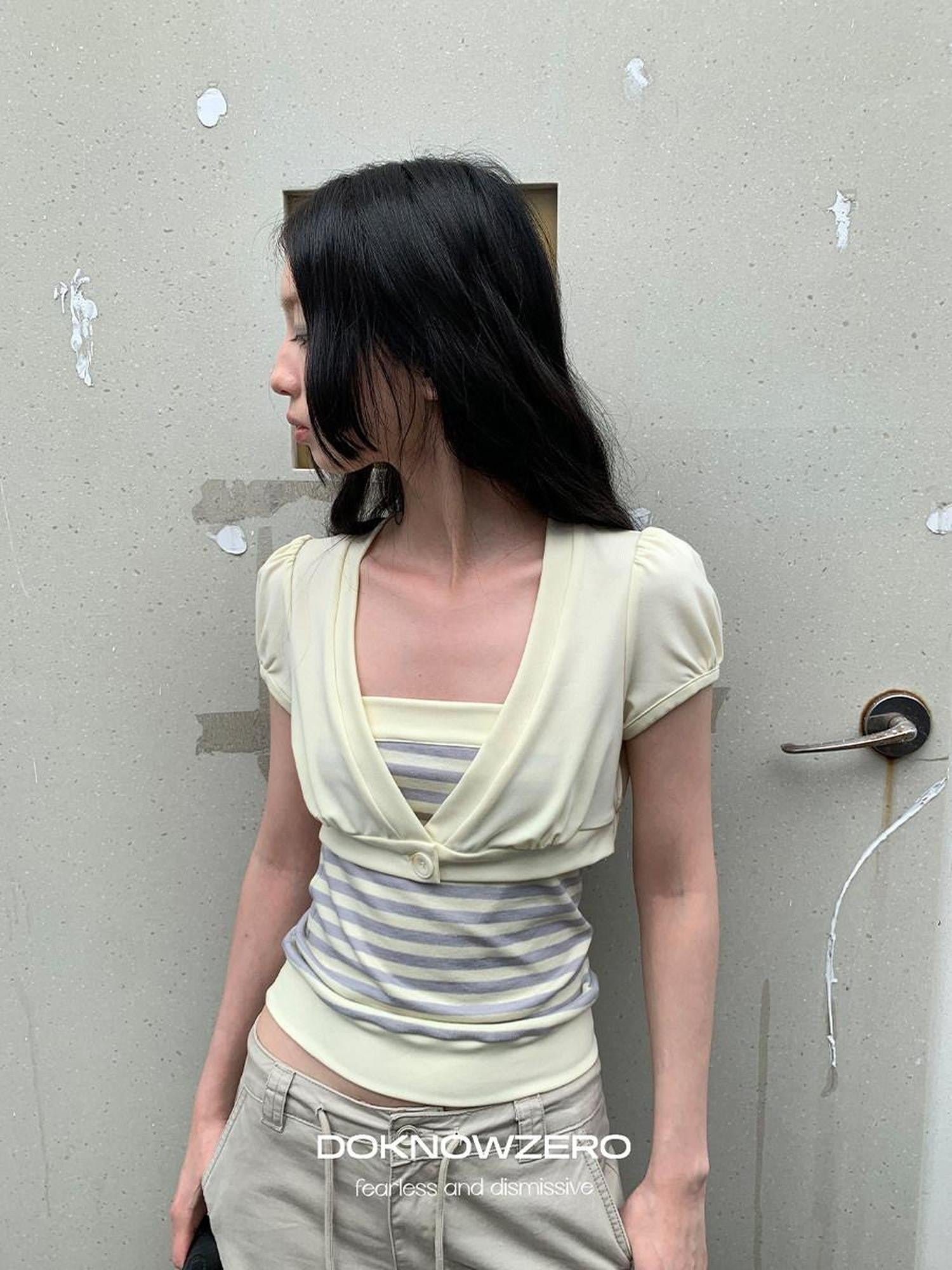 DKZ OFFICIAL Yellow Retro Striped Splice Cropped Slim Women&