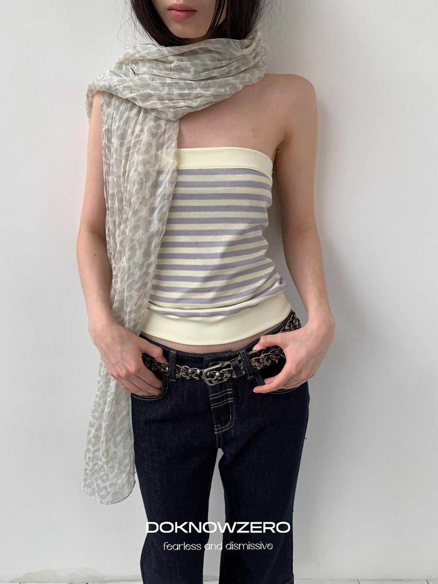 DKZ OFFICIAL Yellow Retro Striped Splice Cropped Slim Women&