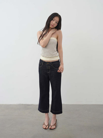 DKZ OFFICIAL Yellow Retro Striped Splice Cropped Slim Women&