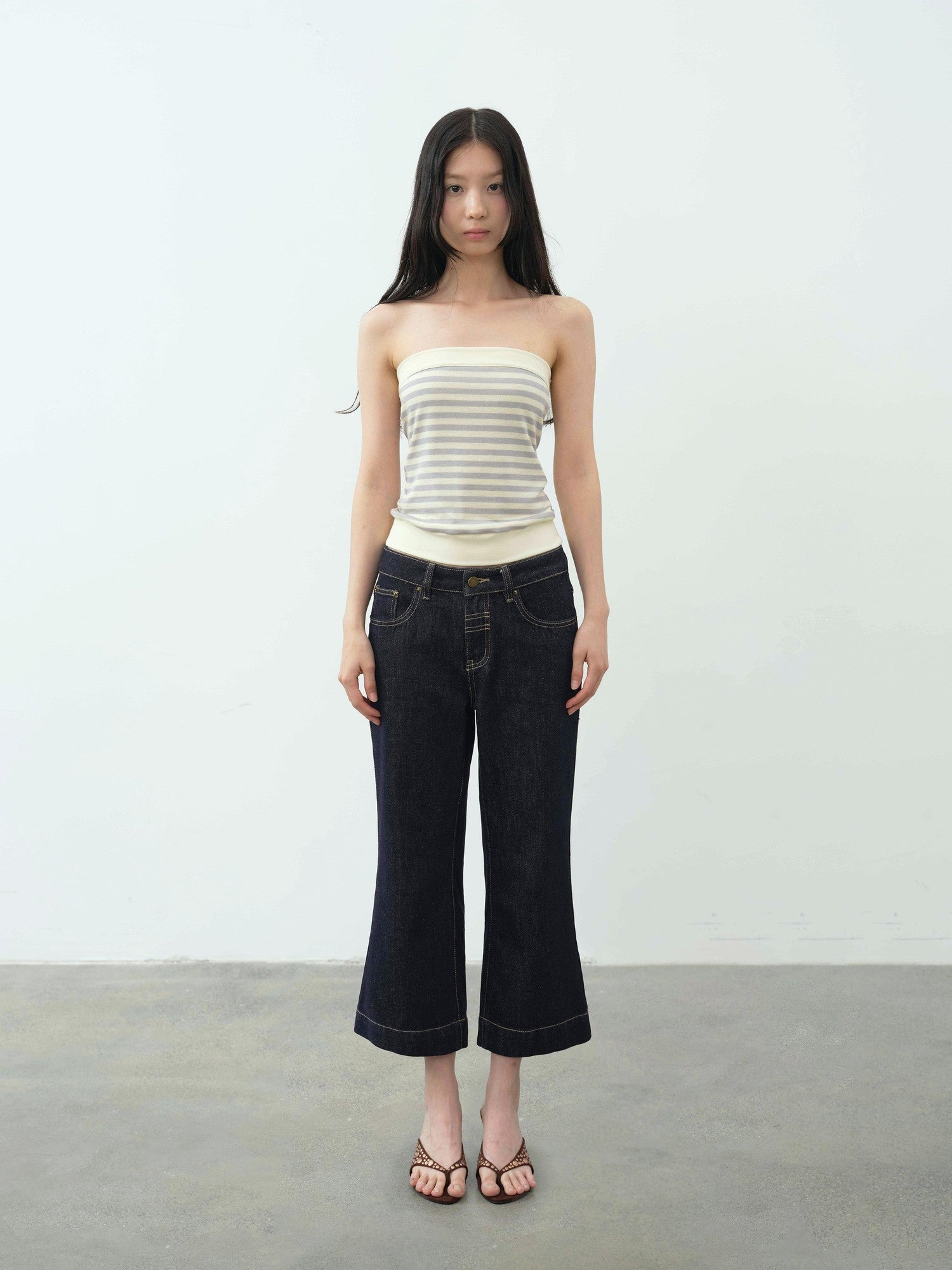 DKZ OFFICIAL Yellow Retro Striped Splice Cropped Slim Women&