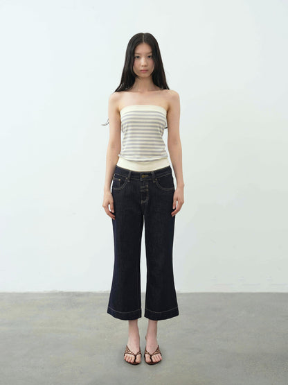 DKZ OFFICIAL Yellow Retro Striped Splice Cropped Slim Women&