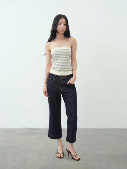 DKZ OFFICIAL Yellow Retro Striped Splice Cropped Slim Women&