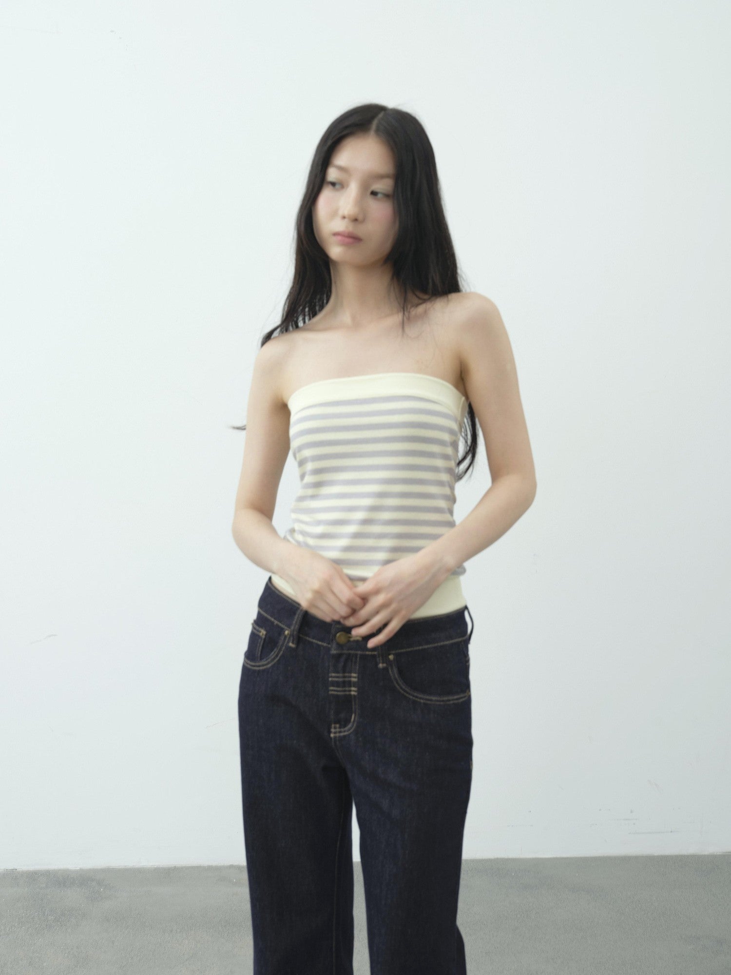DKZ OFFICIAL Yellow Retro Striped Splice Cropped Slim Women&