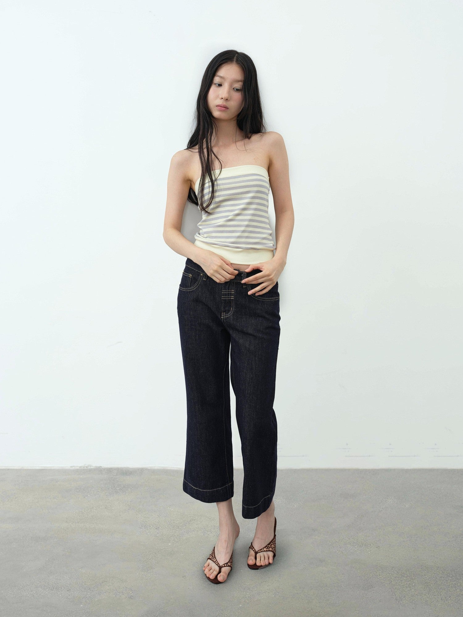 DKZ OFFICIAL Yellow Retro Striped Splice Cropped Slim Women&