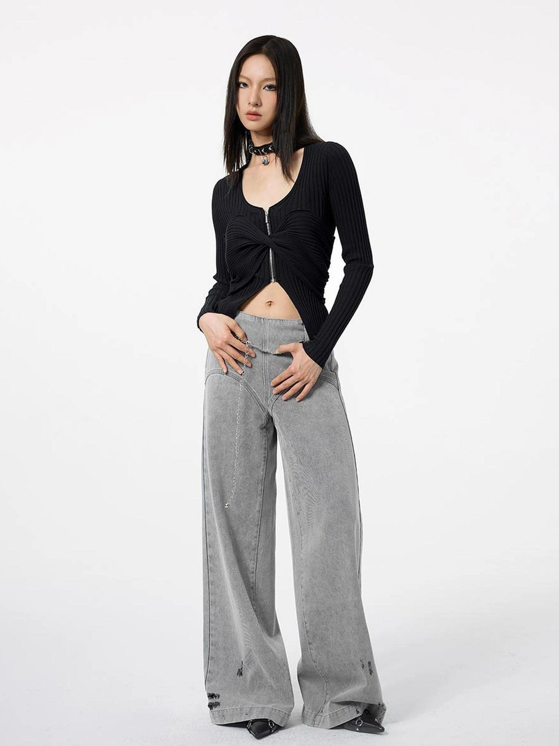 DKZ OFFICIAL Zipper Knit Top Black Autumn Slim Fit