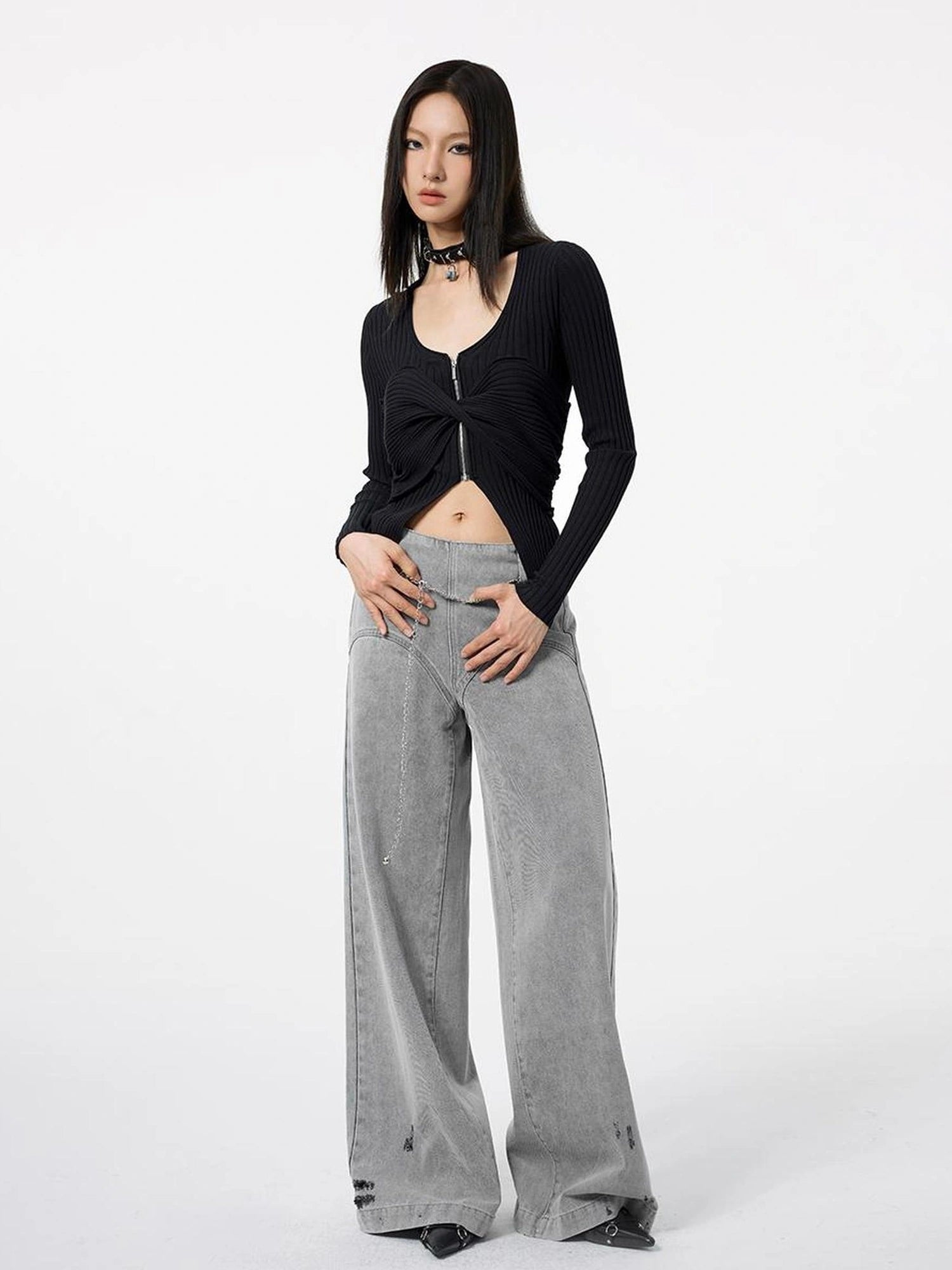DKZ OFFICIAL Zipper Knit Top Black Autumn Slim Fit