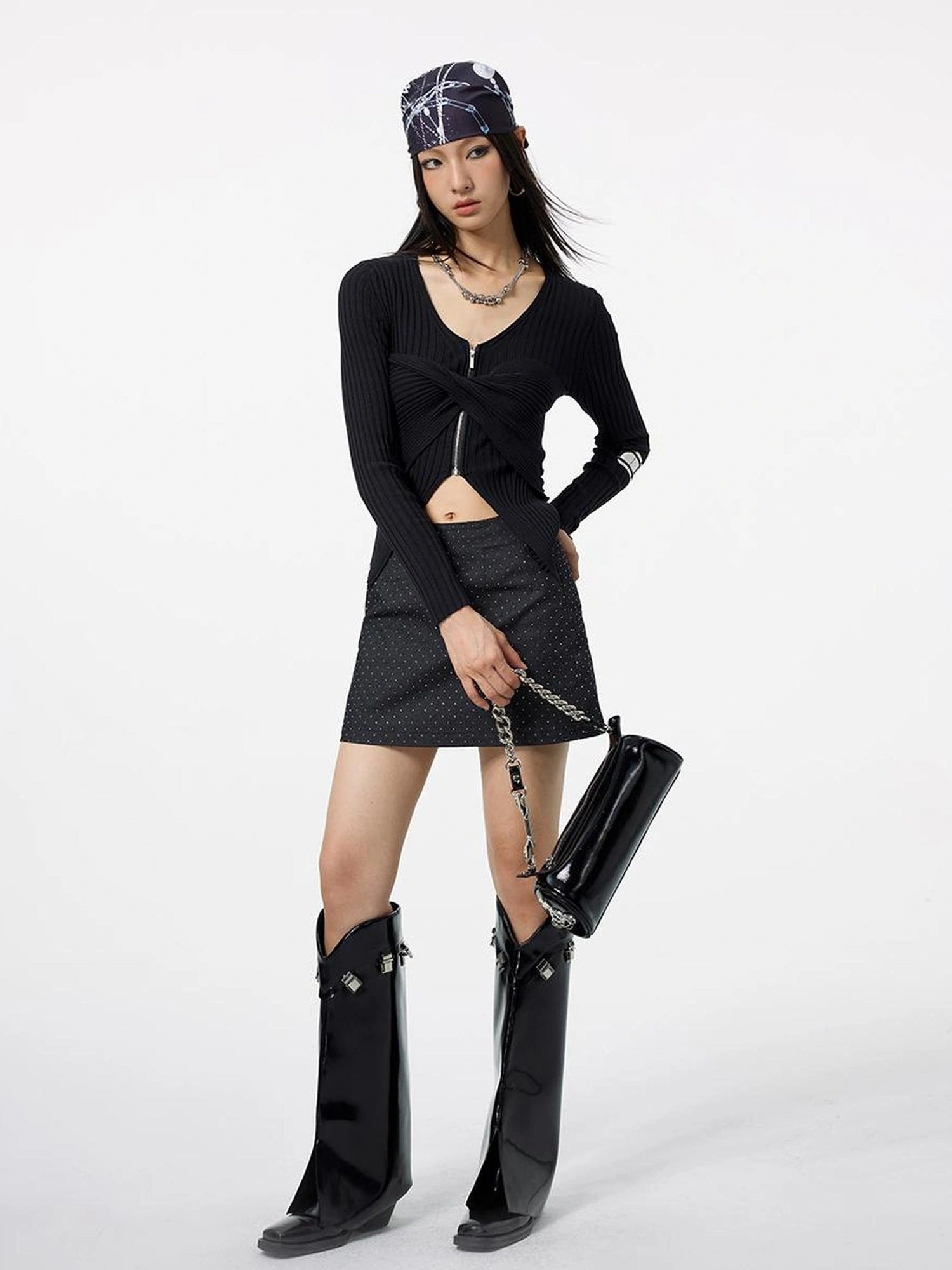 DKZ OFFICIAL Zipper Knit Top Black Autumn Slim Fit
