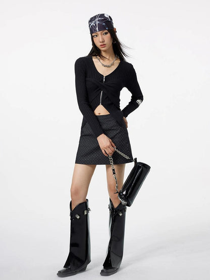 DKZ OFFICIAL Zipper Knit Top Black Autumn Slim Fit