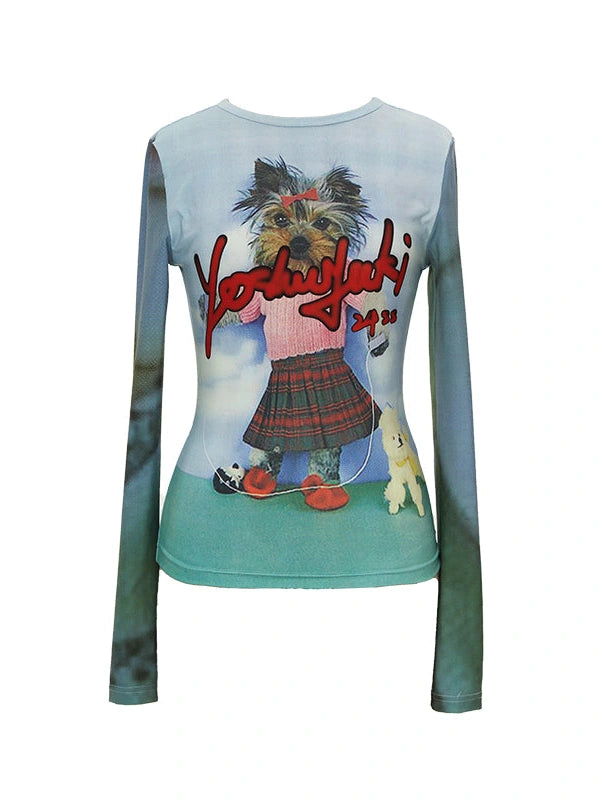 Dancing Puppy  Print Fitted Long Sleeve T Shirt