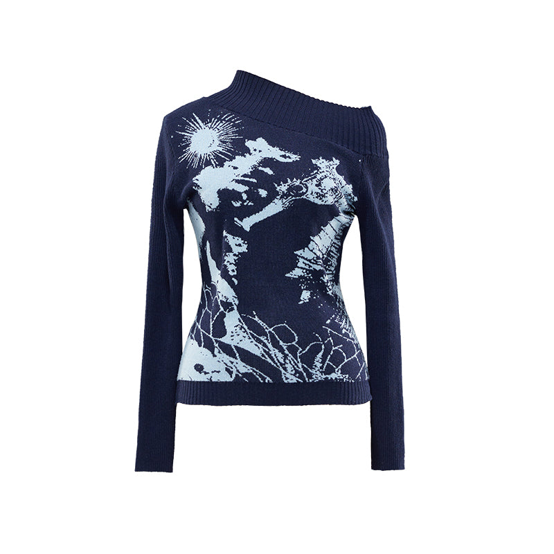 YOSHUYUKI  Island Sea Horse Jacquard Knit Top Blue Black