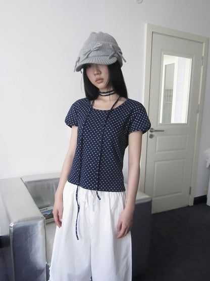 Updateang project Korean Inspired Dot Print Short Sleeve Tee With Scarf