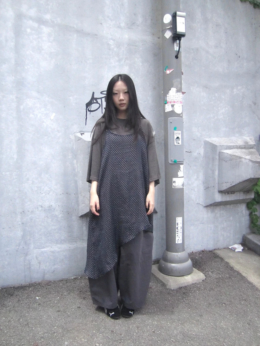 Retro Polka Dot Print Asymmetrical Layered Slip Dress V-neck Long-Sleeve