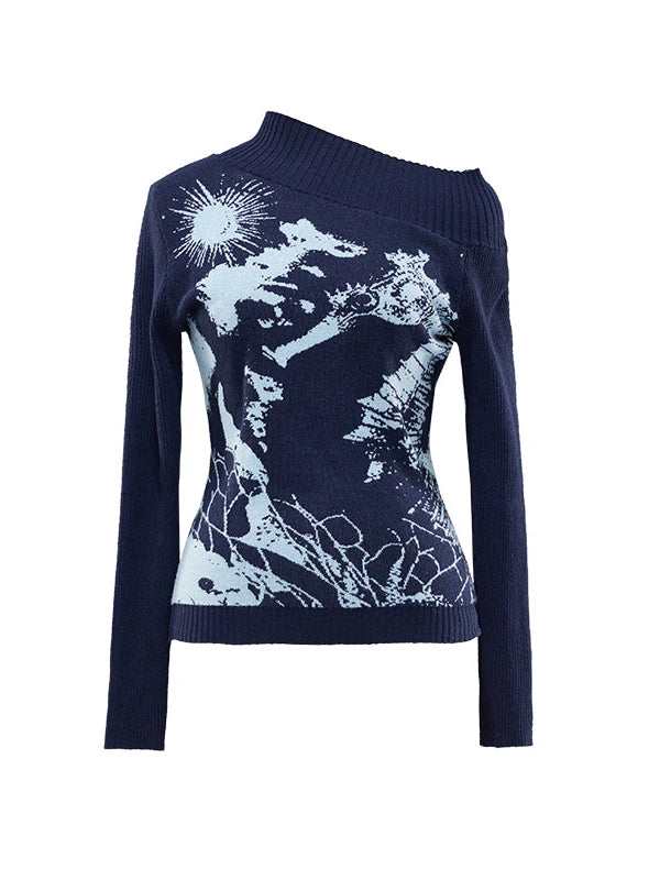 Island Sea Horse Jacquard Knit Top Blue Black