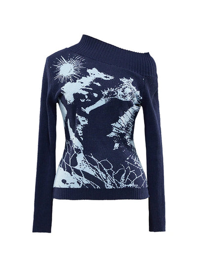 Island Sea Horse Jacquard Knit Top Blue Black