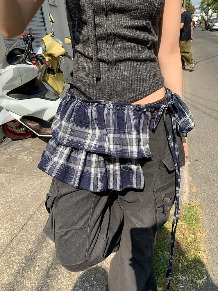 Vintage Plaid Tear Hem Double Layer Wrap Skirt