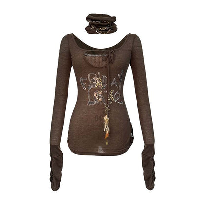 Update OPEN AESTHETIC Rivet Print Knit Top With Detachable Neck Wrap