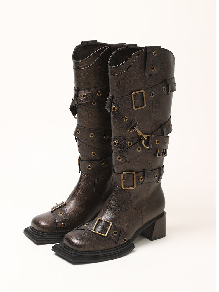 2th Desire Vintage Black Brown Chunky Heel Knee High Boots