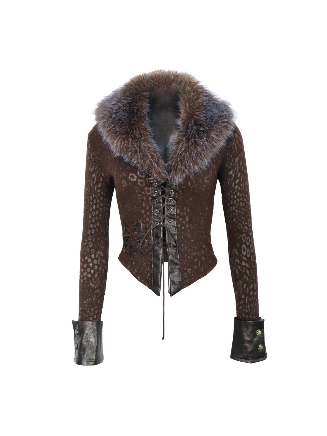 Flowers birds Market Detachable Faux Fur Collar Embroidered Sweater Shirt