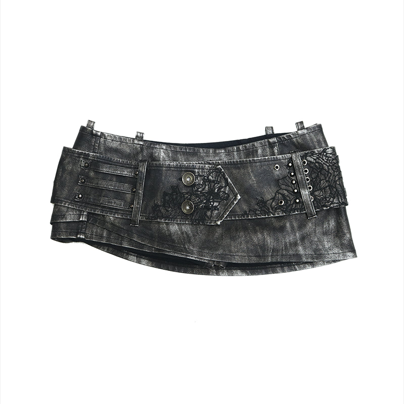 Update OPEN AESTHETIC Metal Punk Rivet Embroidered Belt Washed Leather Skort
