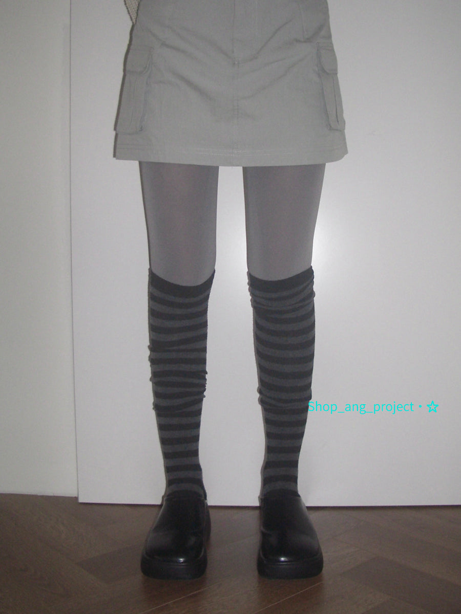 ang project Vintage Black Gray Stripe High Socks