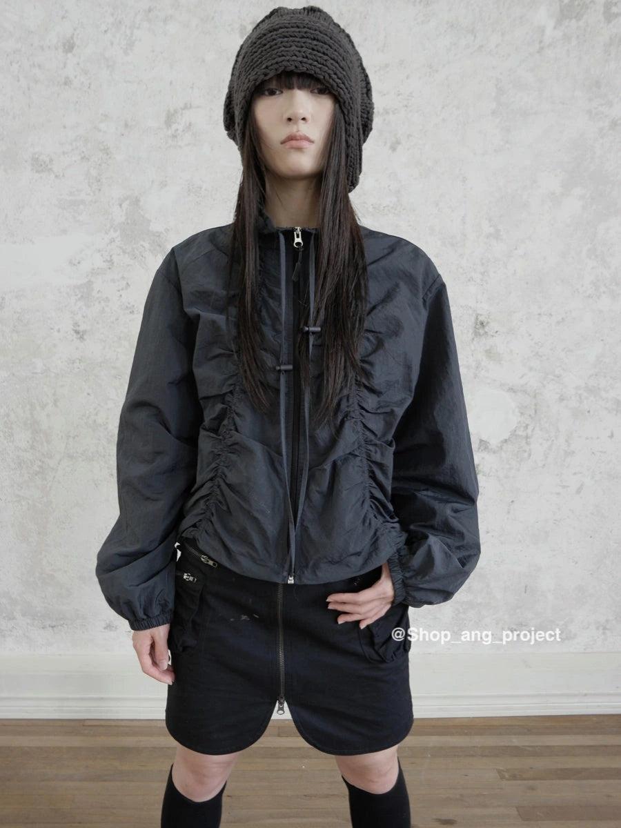 Pleated Drawstring Zipper Long Sleeve Jacket