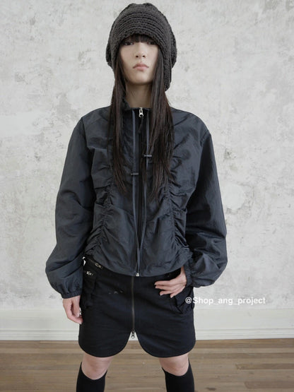 Pleated Drawstring Zipper Long Sleeve Jacket