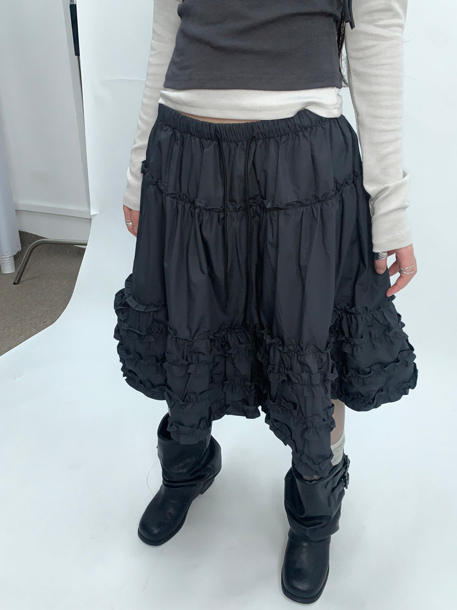 ang project Vintage Lace Trim Tiered Ruffle Skirt With Elastic Waist