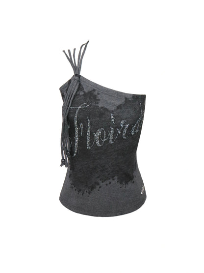 Asymmetrical Shoulder Slit Knit Top With Diamond Print