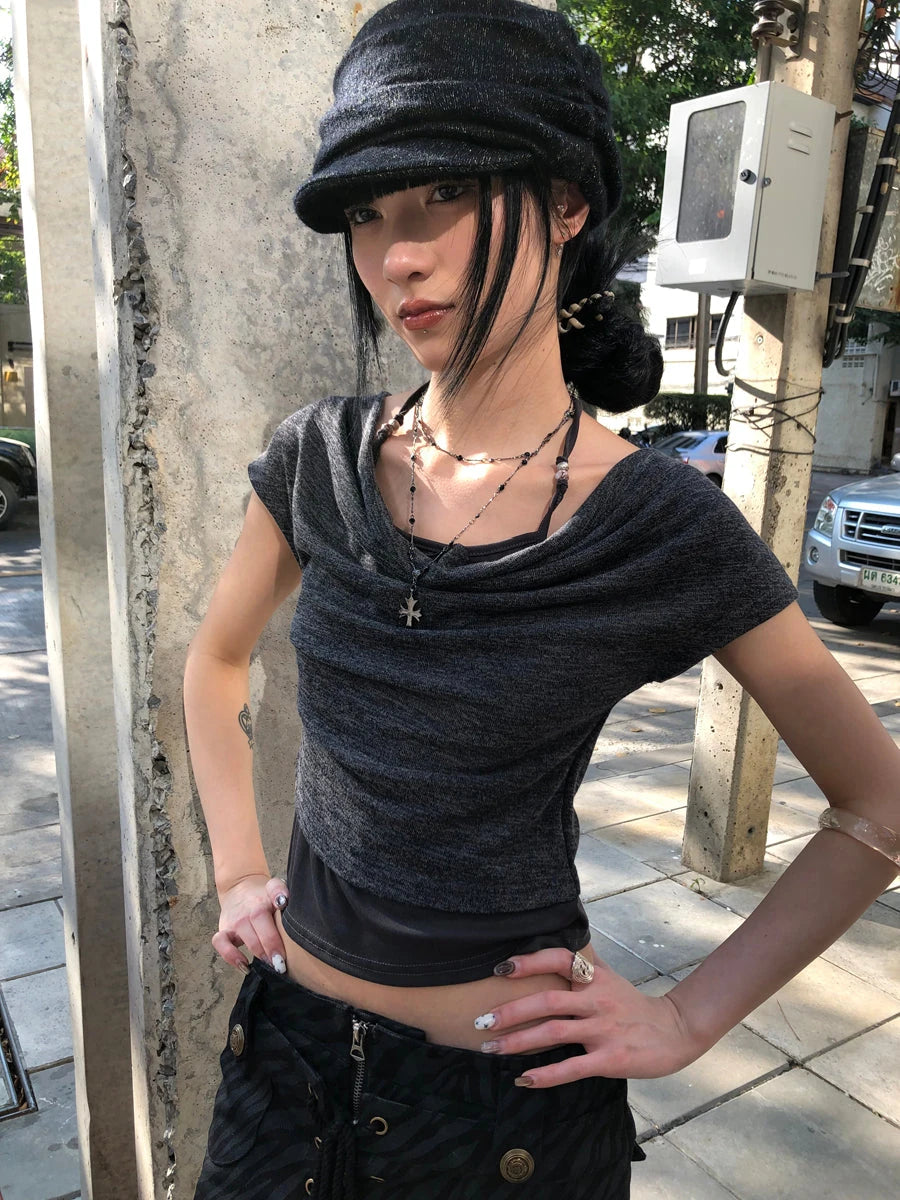 Post Apocalyptic Stacked Collar Layered Tie Detail Stretch Slim Tee