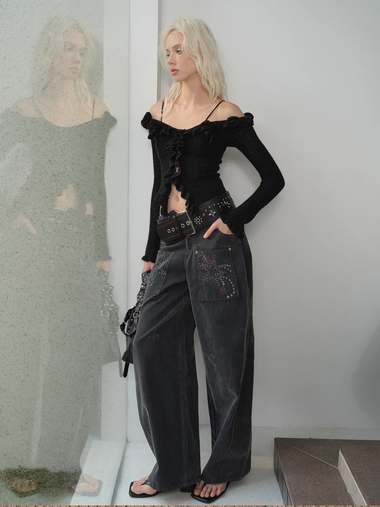 Vintage Wash Star Print Flare Jeans For Women