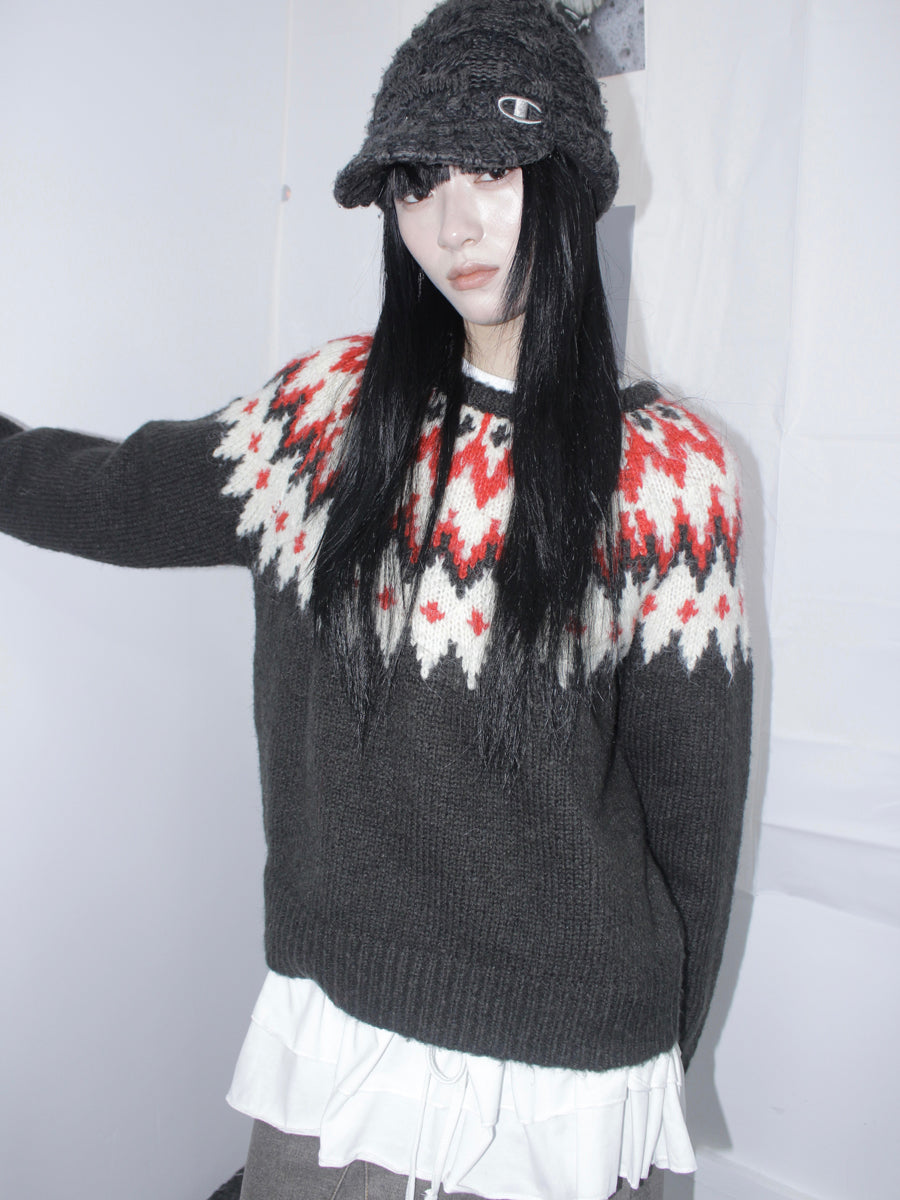 Updateang project Fair Isle Knit Sweater Women Autumn Winter Vintage Loose Fit Thick Warm