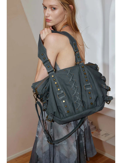 Punk Studded Strapped Large Tote Crossbody Bag