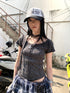 Updateang project Vintage Textured Ribbed Crew Neck Button Detail Tee With Scarf