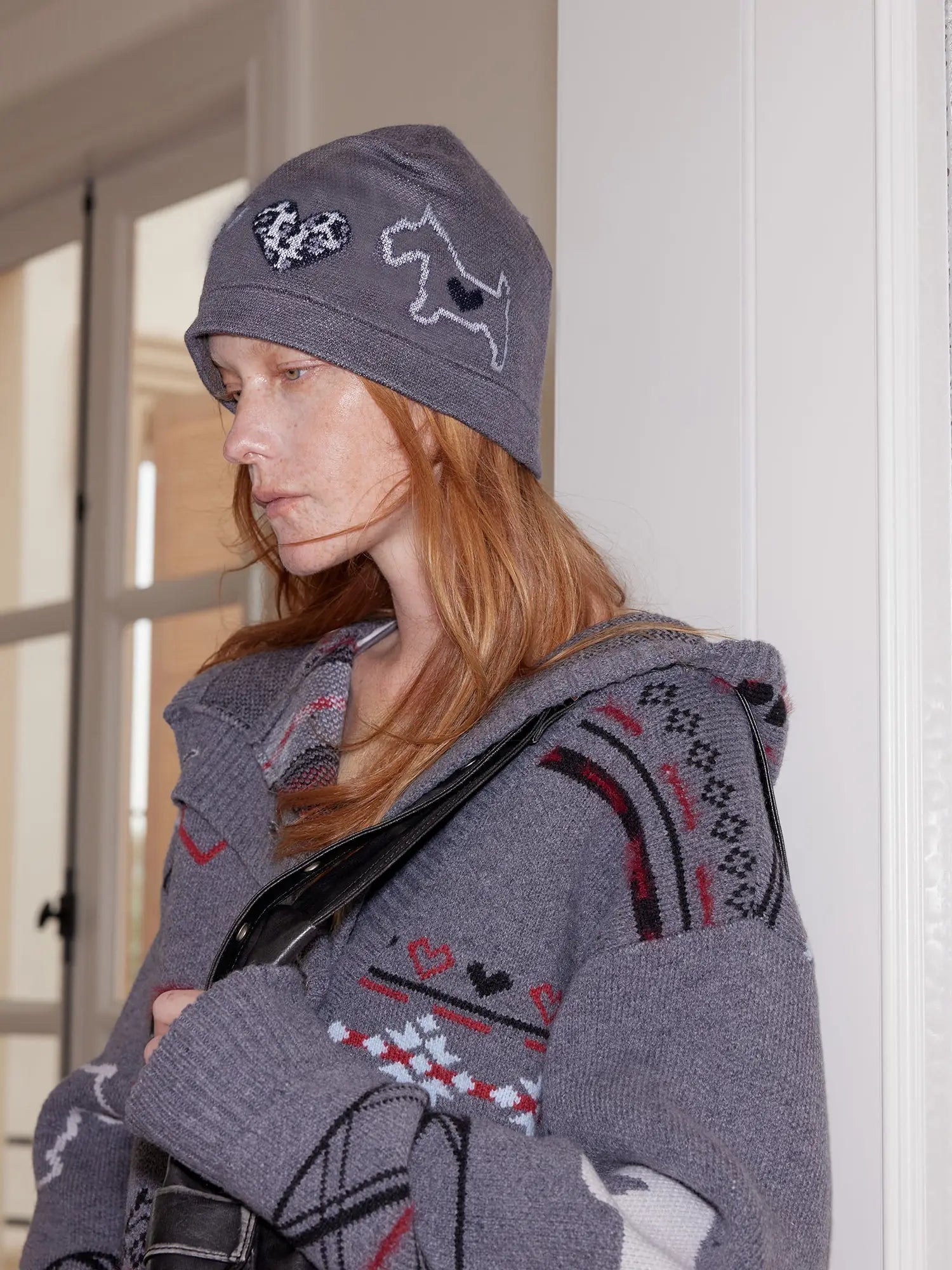 Leopard Heart Black White Dog Fair Isle Knit Beanie