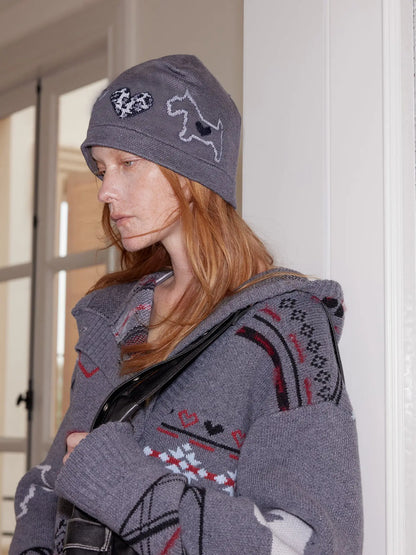 Leopard Heart Black White Dog Fair Isle Knit Beanie