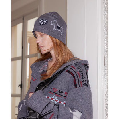 2th Desire Leopard Heart Black White Dog Fair Isle Knit Beanie