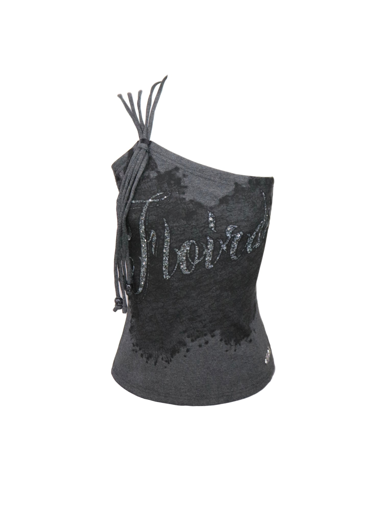 Flowers birds Market Asymmetrical Shoulder Slit Knit Top With Diamond Print