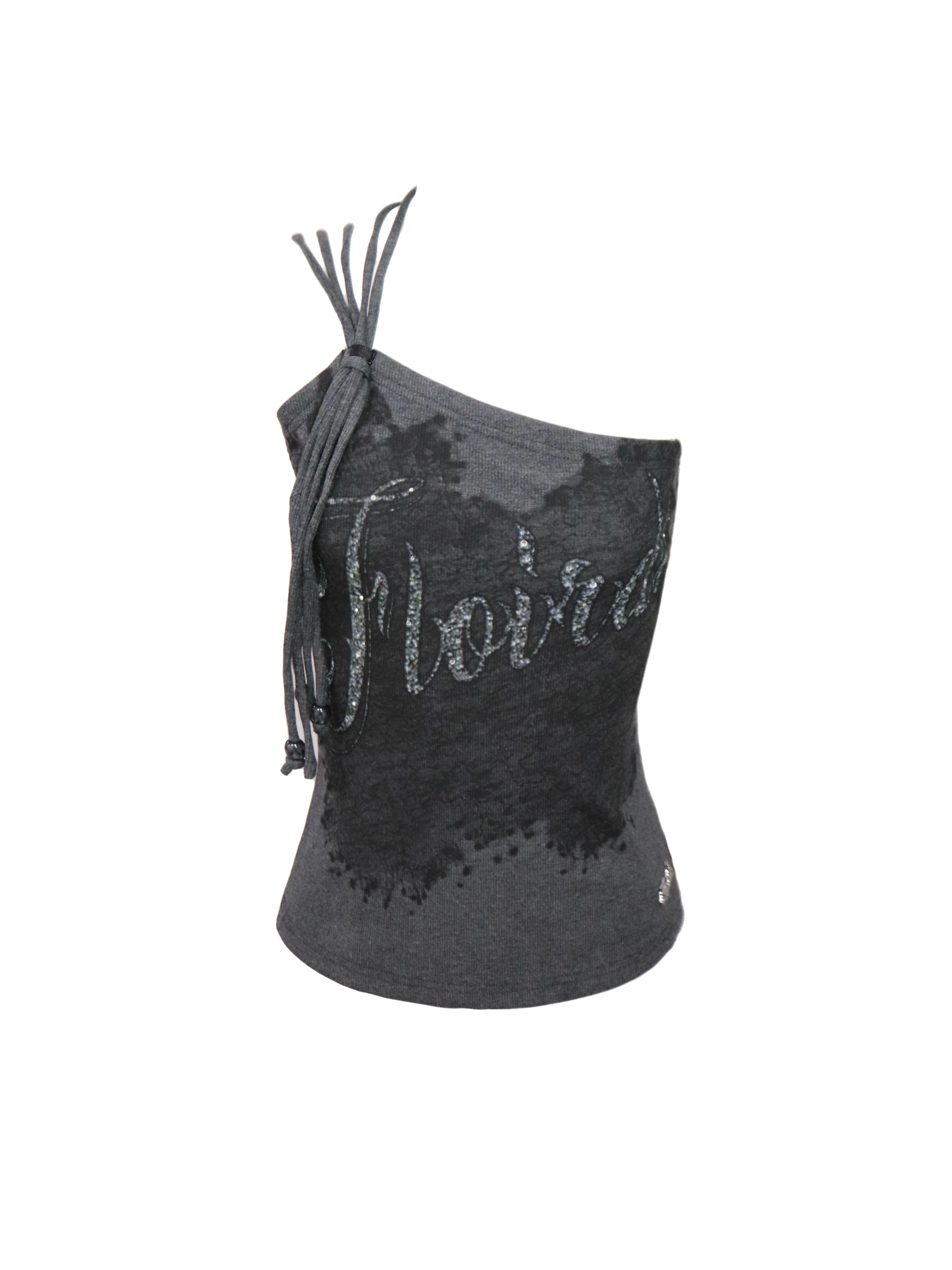 Flowers birds Market Asymmetrical Shoulder Slit Knit Top With Diamond Print