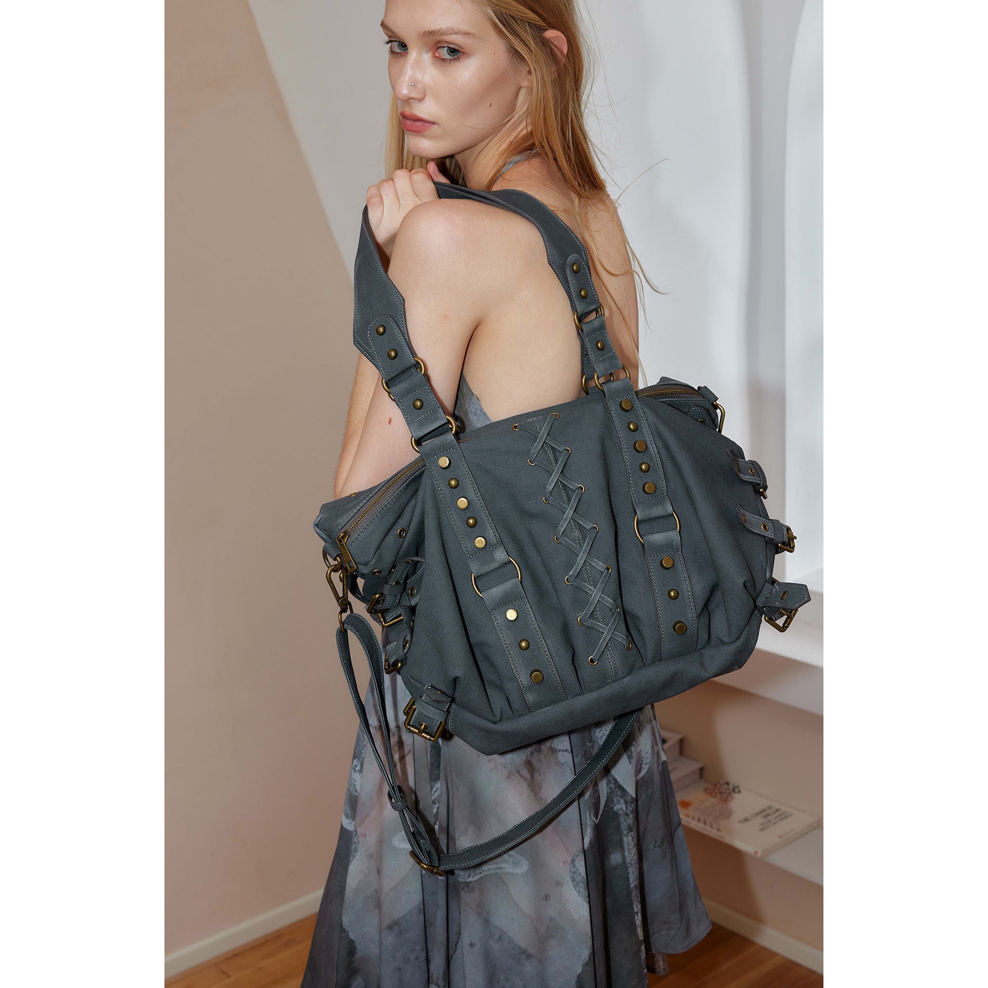 2th Desire Punk Studded Strapped Large Tote Crossbody Bag