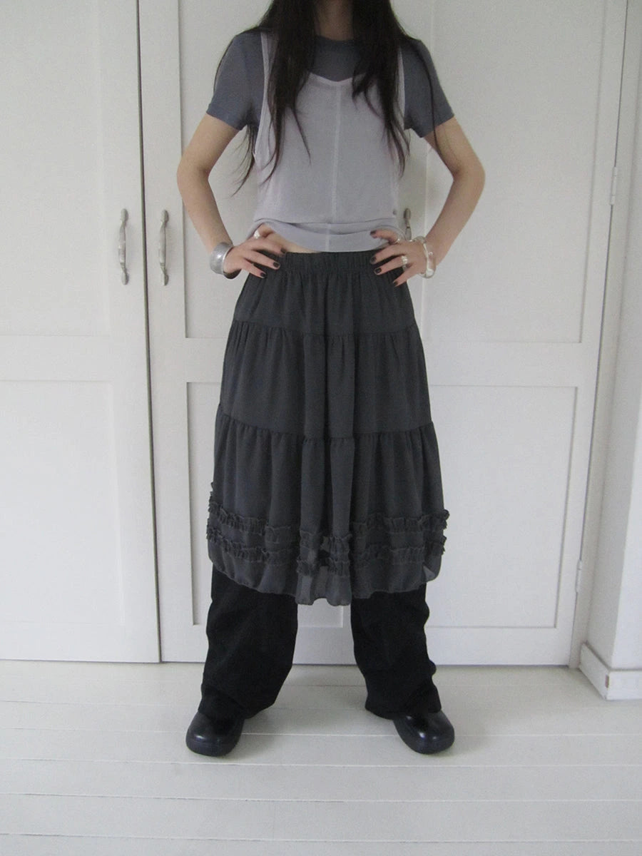 Vintage Lace Trimmed Layered Flared Mini Skirt