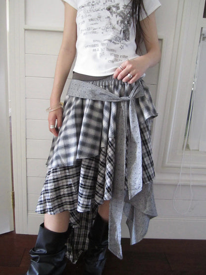 Vintage Plaid Skirt With Asymmetrical Hem And Elastic Waist
