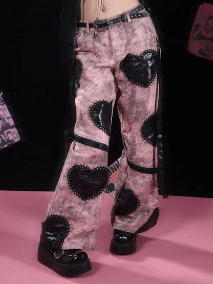 Dark Humor Punk Black Pink Loose Gothic Denim Pants