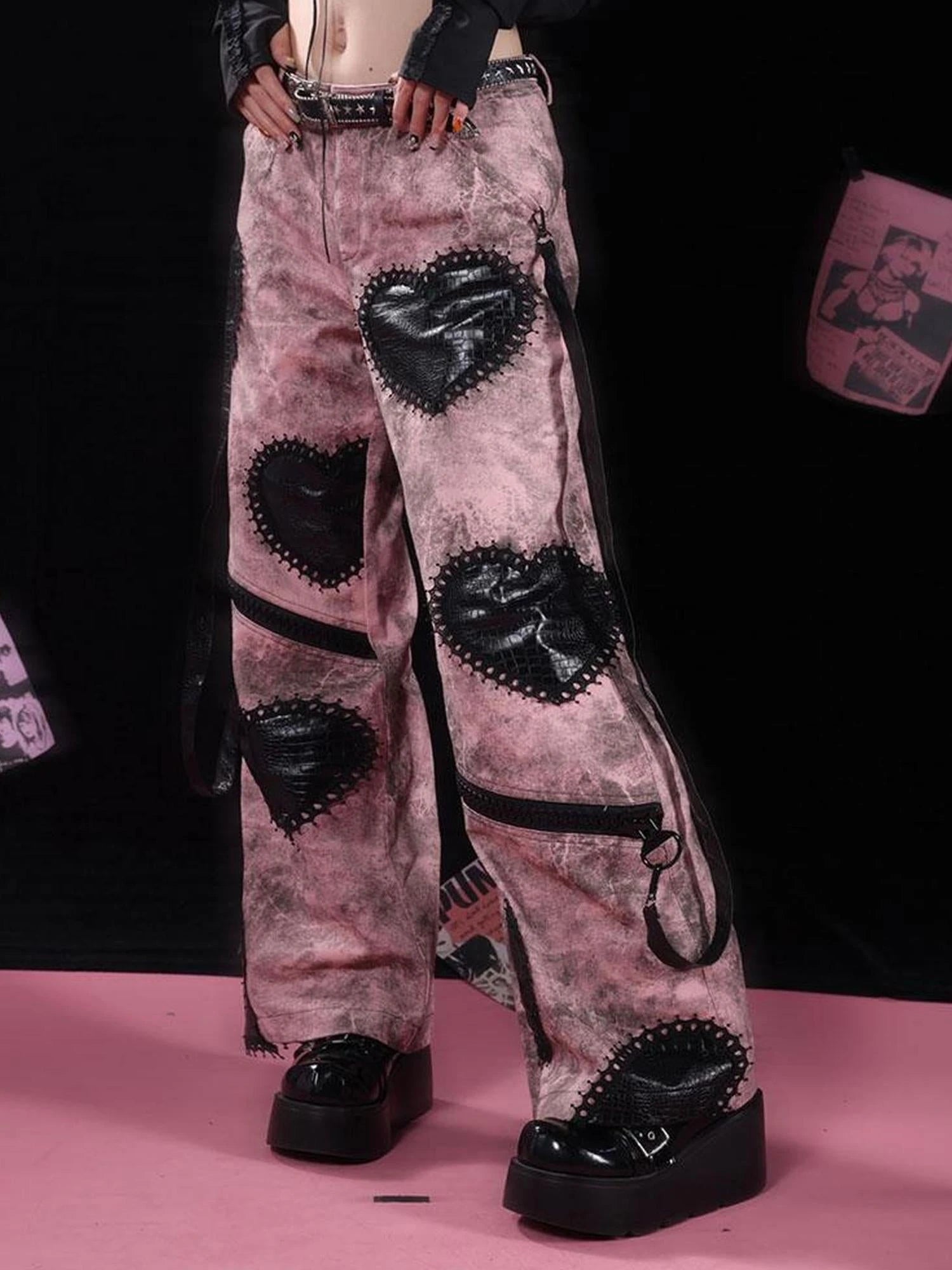 Dark Humor Punk Black Pink Loose Gothic Denim Pants
