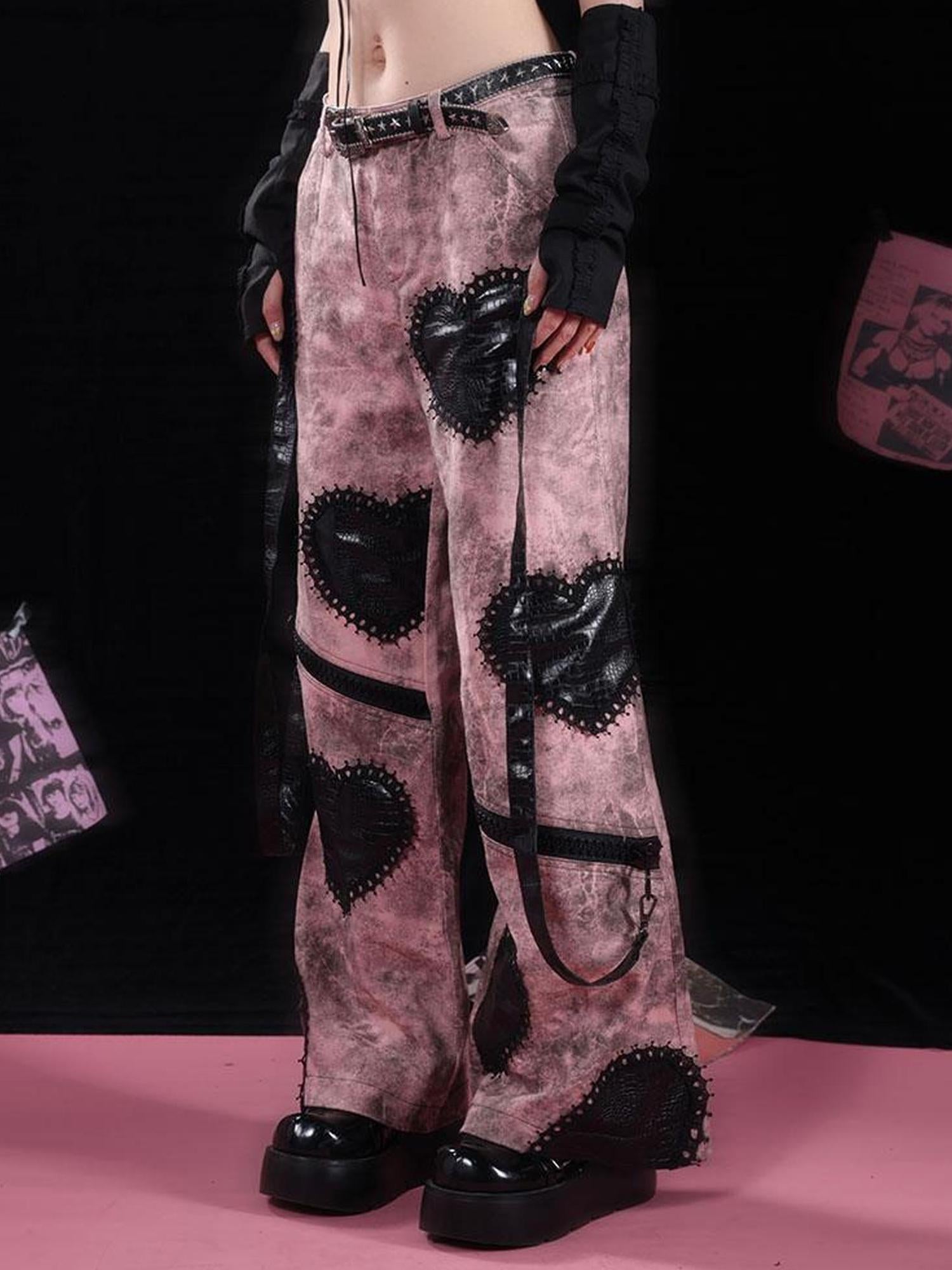 WSW WUSHENWU Dark Humor Punk Black Pink Loose Gothic Denim Pants