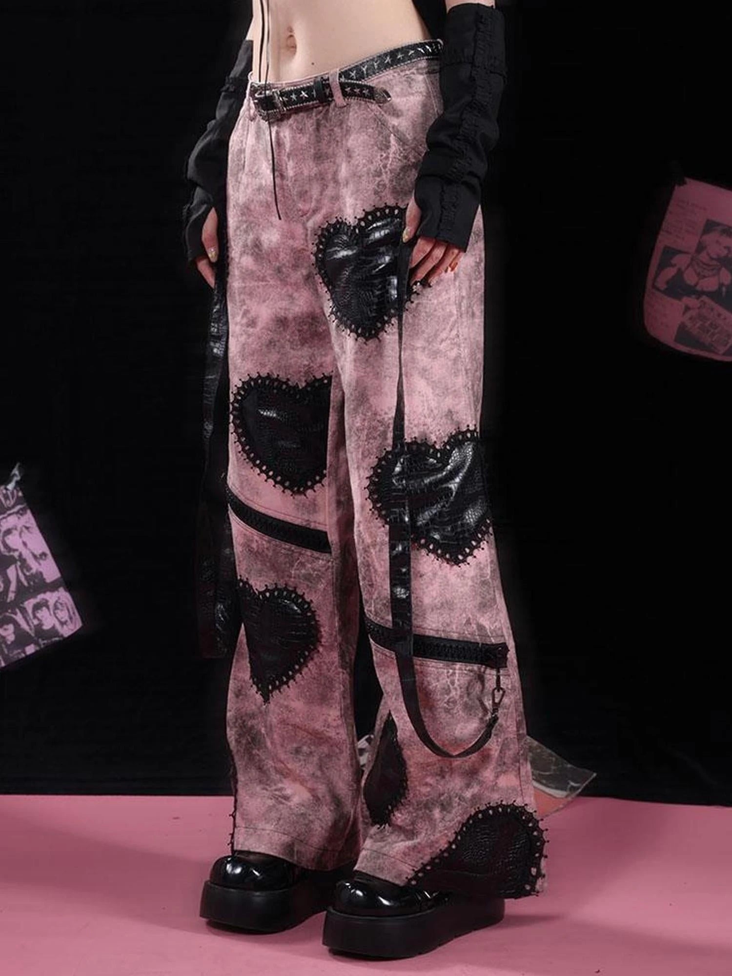 Dark Humor Punk Black Pink Loose Gothic Denim Pants