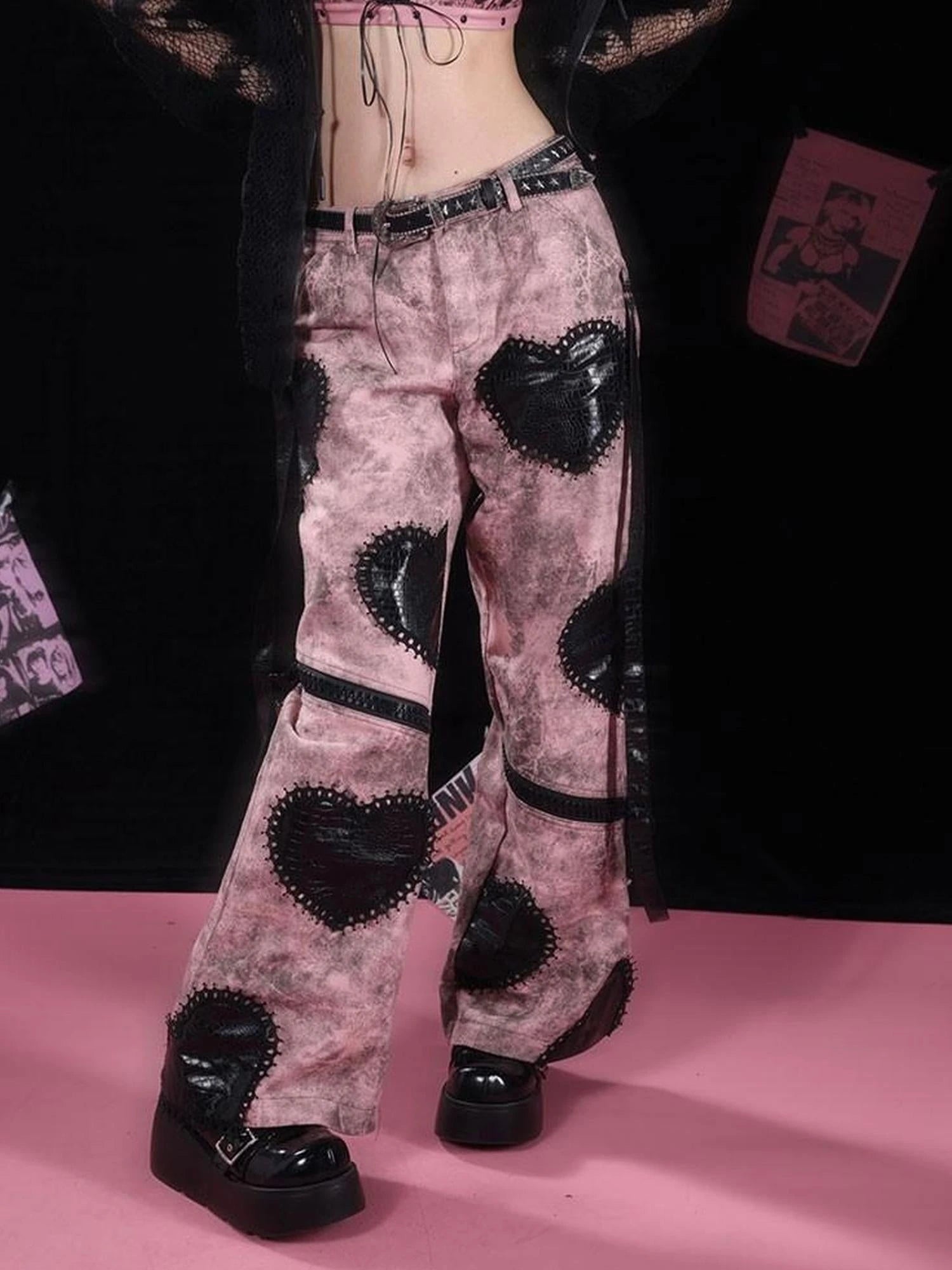 Dark Humor Punk Black Pink Loose Gothic Denim Pants