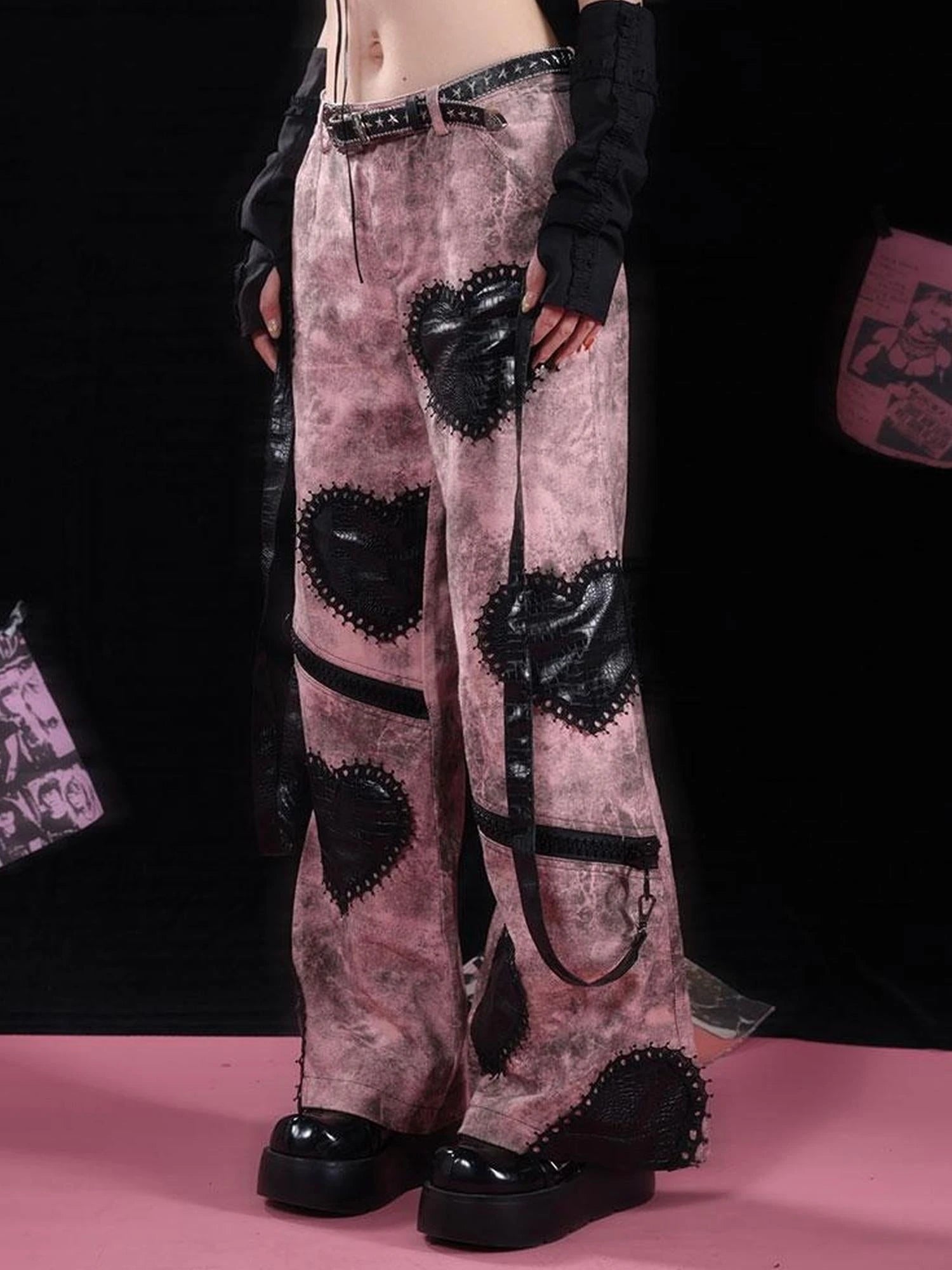 Dark Humor Punk Black Pink Loose Gothic Denim Pants