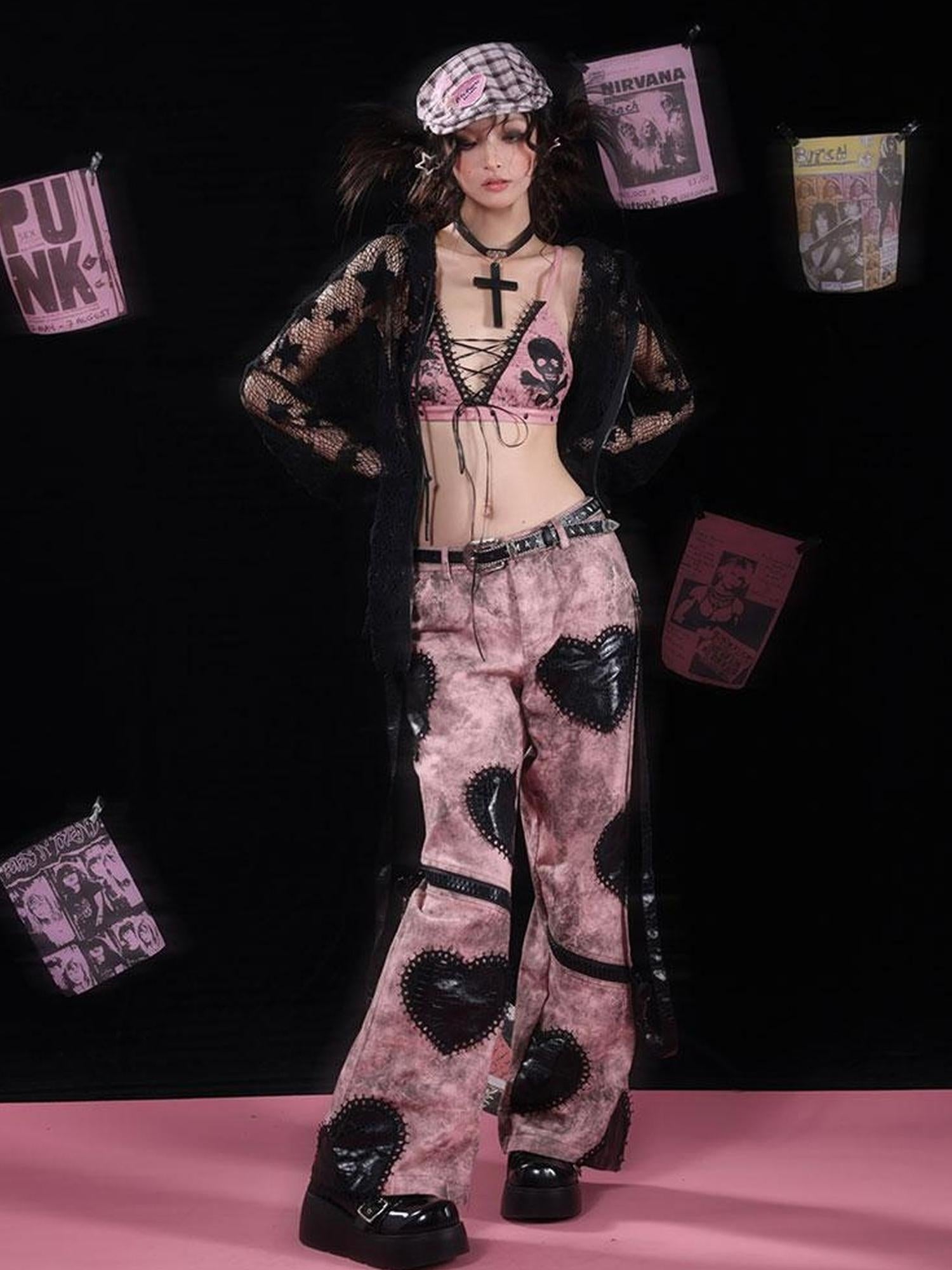 WSW WUSHENWU Dark Humor Punk Black Pink Loose Gothic Denim Pants