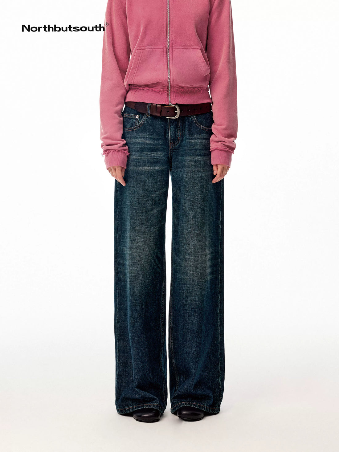 Dark Indigo Slub Texture Retro Low Rise Casual Women&
